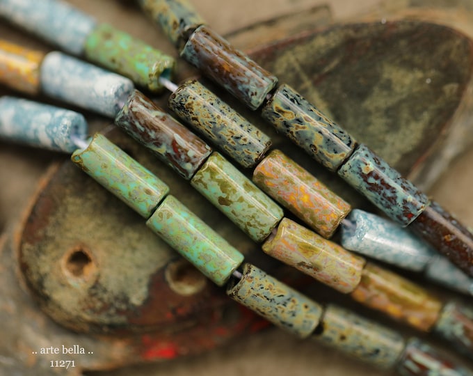 New .. DESERT OASIS TUBES No. 1 .. 20" Premium Heavy Picasso Czech Glass Tube Bugle Bead Mix Size 9x4mm (11271-st) .. jewelry supplies