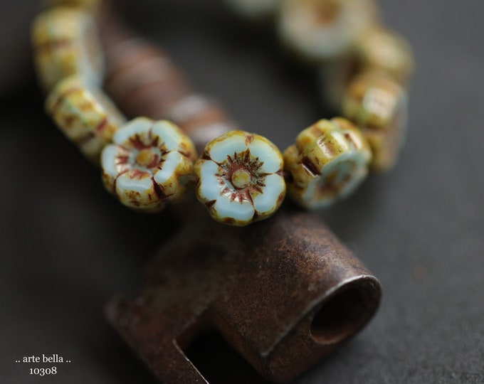 EARTHY SKY PANSY 7mm .. New 12 Premium Picasso Czech Glass Hibiscus Flower Beads (10308-st)