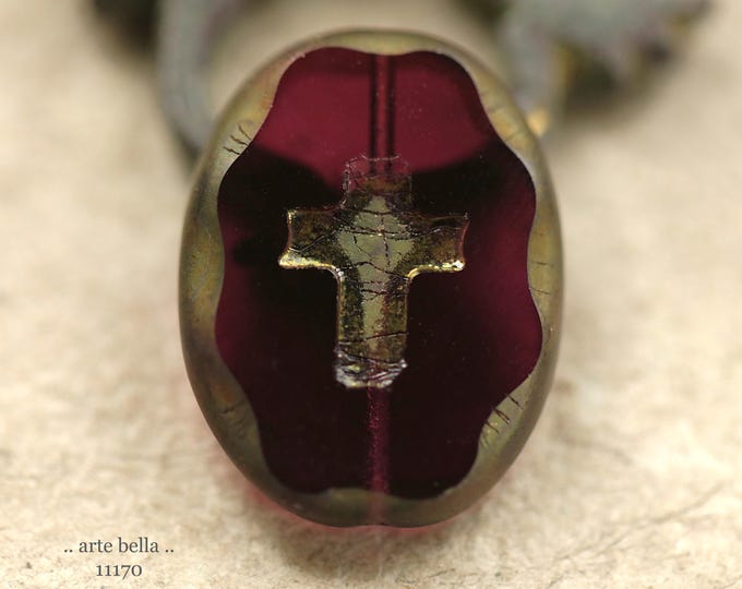 New .. BRONZED PLUM CROSSES .. 2 Premium Picasso Czech Glass Oval Cross Bead Mix 25x19mm (11170-2) .. jewelry making supplies