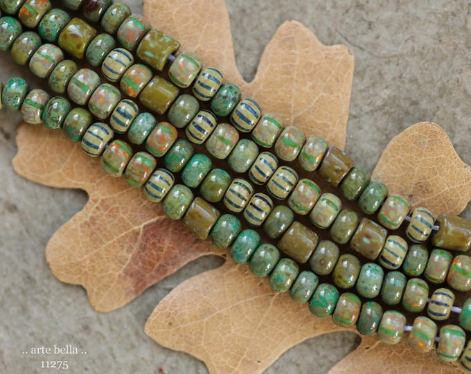 New .. EARTHY JUNGLE SEEDS .. 19" Premium Picasso Czech Glass Aged Striped Seed Tube Bead Mix Size 6/0 (11275-st) .. jewelry supplies