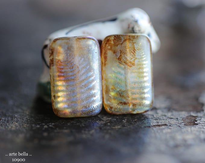 METALLIC FERN REX .. New 4 Premium Picasso Czech Glass Laser Etched Fern Rectangle Bead Mix 19x12mm (10900-4) .. jewelry supplies