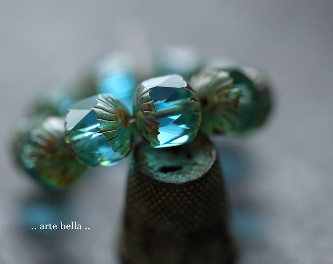 AQUA BEACH CHUBS .. 10 Premium Picasso Czech Glass Faceted Cruller Beads 10x10mm (9741-st) .. jewelry supplies