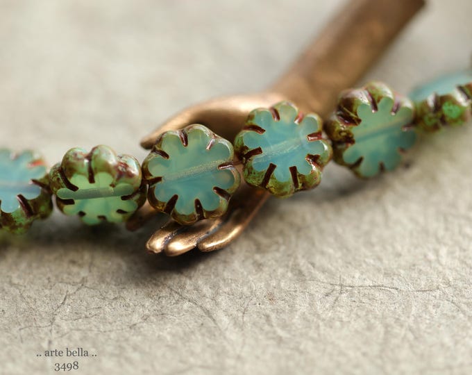 EARTHY LAGOON BLOOMS .. 25 Premium Picasso Czech Glass Cactus Flower Bead Mix 9x3mm (3498-st) .. jewelry supplies