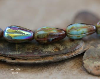 New .. MYSTIC MARSH DROPS .. 15 Picasso Czech Glass Faceted Melon Drop Beads 15x8mm (11558-st) .. jewelry supplies