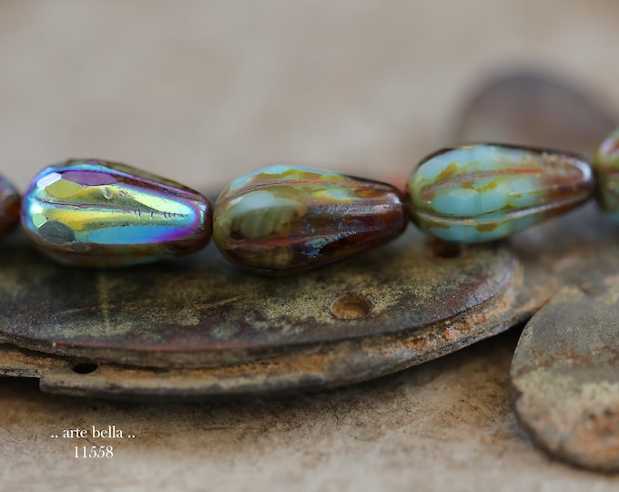 New .. MYSTIC MARSH DROPS .. 15 Picasso Czech Glass Faceted Melon Drop Beads 15x8mm (11558-st) .. jewelry supplies