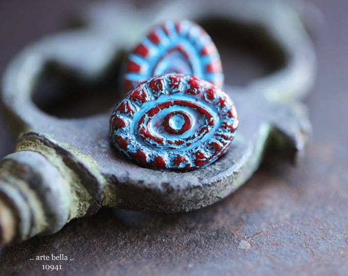 BLUE BRICK PEEPERS .. New 6 Premium Czech Glass Mystic Eye Beads 14x11mm (10941-6) .. jewelry supplies
