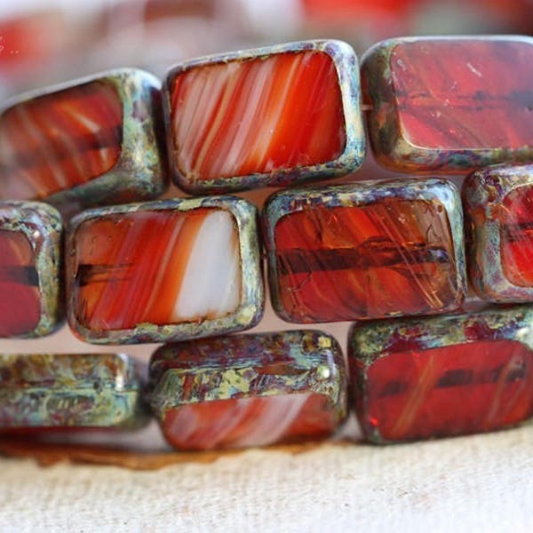 MOLTEN .. 10 Picasso Czech Glass Rectangle Beads 12x8.5mm (B1038-10)