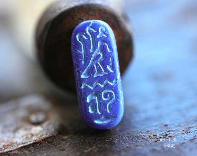 BLUE LAPIS EGYPTIAN Cartouche .. 6 Premium Matte Czech Glass Tablet Beads 25x10mm (10223-st) .. jewelry supplies