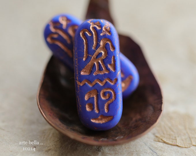 COPPERED LAPIS EGYPTIAN Cartouche .. 6 Premium Matte Czech Glass Tablet Beads 25x10mm (10214-st)