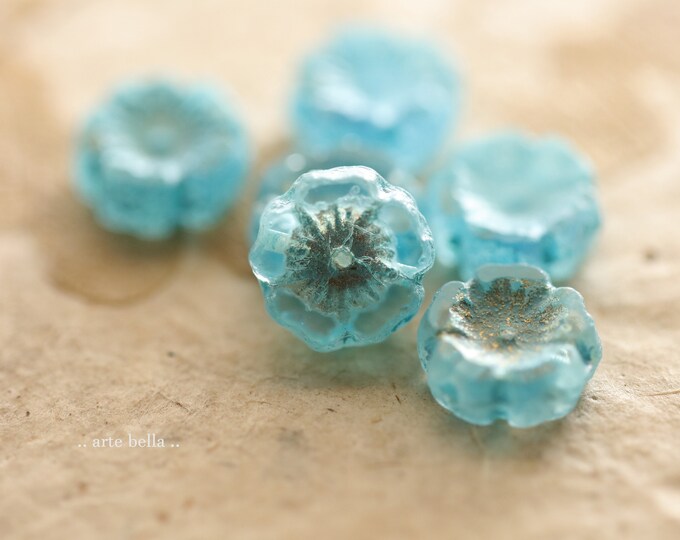 RUSTIC SKY PANSY .. 6 Premium Etched Czech Glass Hibiscus Flower Beads 12mm (9538-6)