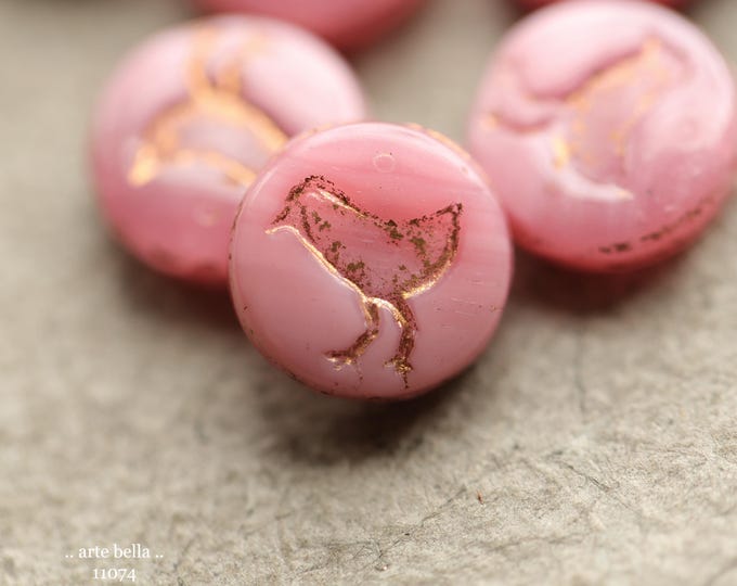 COPPERED PINK LIL' Chicks .. New 10 Premium Czech Glass Bird Coin Bead Mix 12mm (11074-10) .. jewelry supplies