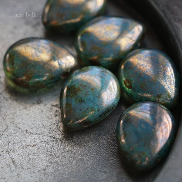 POIRES OCEANIQUES EN BRONZE... 6 perles en forme de larme tchèques Picasso de qualité supérieure 16 x 12 mm (3368-6)