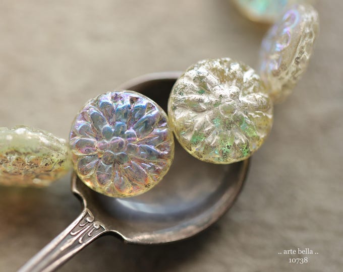 MYSTIC SILVERED DAHLIAS .. 12 Premium Czech Glass Dahlia Flower Beads 15mm (10738-st) .. jewelry supplies