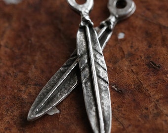 PEWTER FEATHERS .. 4 Mykonos Greek Feather Charms 6x30mm (M188-4) .. jewelry supplies