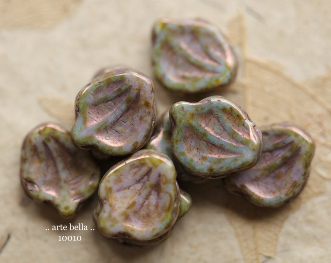 BRONZE VIOLET LEAVES .. 10 Premium Picasso Czech Glass Leaf Beads 15x12mm (10010-10) .. jewelry supplies