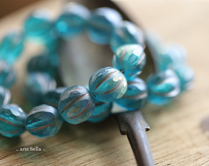 MYSTIC TEAL GLITZ 10mm .. 12 Premium Matte Czech Glass Faceted Melon Beads (9533-st) .. jewelry supplies