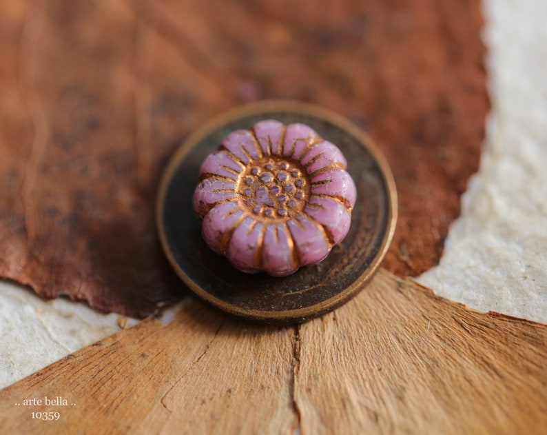 COPPERED PINK SUNFLOWERS .. New 6 Premium Czech Glass Flower Beads 13mm 10359-6 .. jewelry supplies image 3