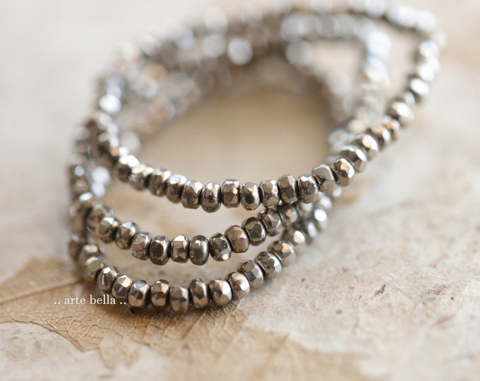 premium glass beads .. SILVERED PEWTER BITS .. 50 Czech Glass Gem Cut Micro Faceted Rondelle Beads 3x2mm (9446-st) .. jewelry supplies