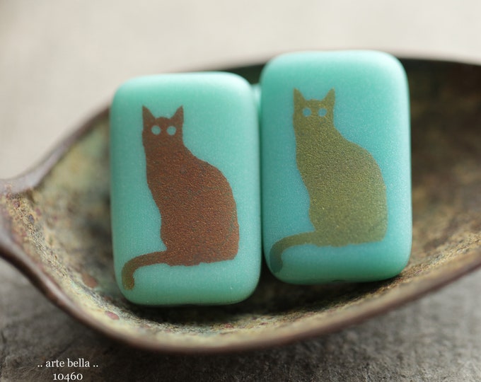 TURQUOISE CAT REX .. New 4 Premium Matte Czech Glass Laser Etched Cat Rectangle Bead Mix 19x12mm (10460-4) .. jewelry supplies