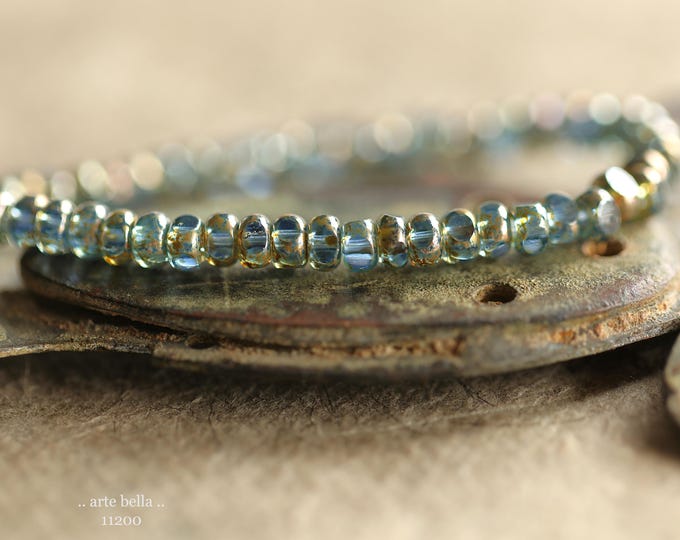 GILDED SAPPHIRE SEEDS .. New 50 Premium Metallic Picasso Czech Glass Faceted Seed Beads Size 6/0 4x3mm (11200-st) .. jewelry making supplies