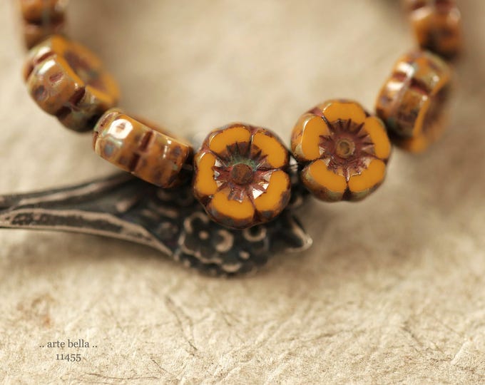 New .. EARTHY SUNFLOWERS 7mm .. 12 Premium Picasso Czech Glass Petite Hibiscus Flower Beads (11455-st) .. jewelry supplies