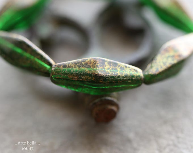 premium glass beads .. GOLDEN EMERALD RHOMBUS .. 6 Czech Glass Rhombus Beads 20x8mm (10687-st) .. jewelry supplies
