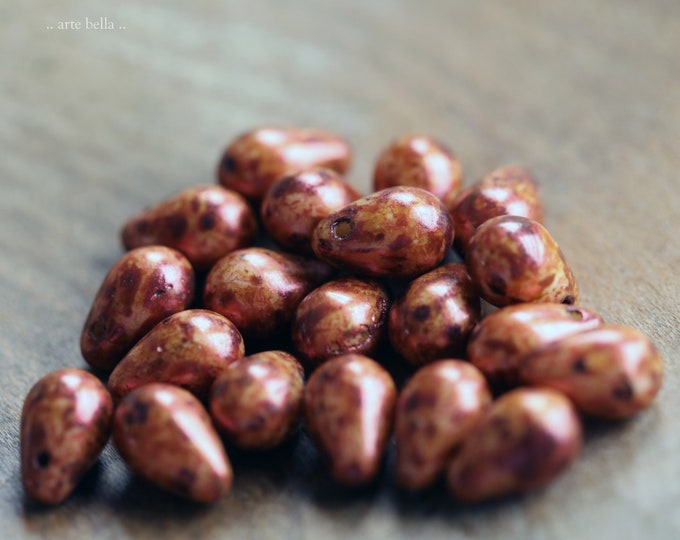 COPPER STONE DROPS .. 20 Premium Picasso Czech Glass Drop Beads 6x9mm (9052-20) .. jewelry supplies
