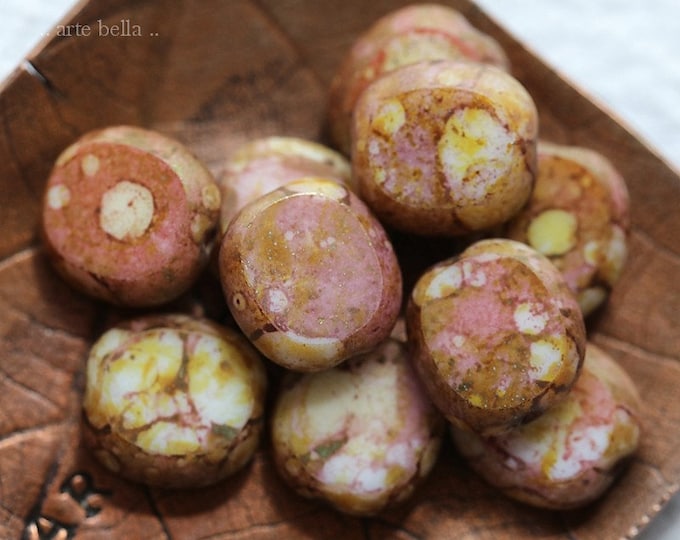 back in stock .. RASPBERRY CREAM TABLETS .. 10 Premium Picasso Czech Glass Oval Coin Beads 10x9mm (8135-10) .. jewelry supplies