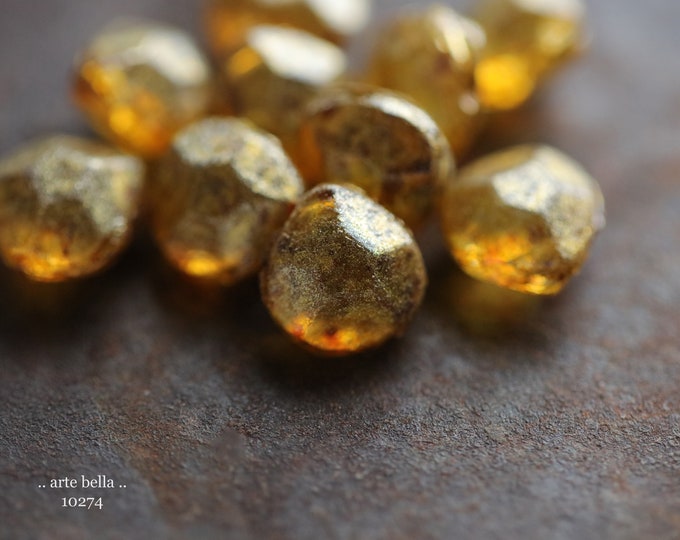 GOLDEN HONEY DROPS .. New 10 Premium Rustic Picasso Czech Glass Faceted Briolette Beads 10x9mm (10274-10)