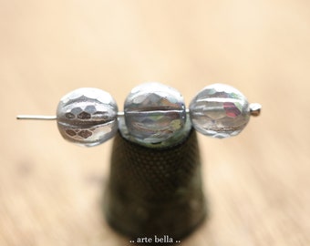 SILVERED RAINBOW GLITZ 10mm .. 12 Premium Czech Glass Faceted Melon Beads (9521-12) .. jewelry supplies