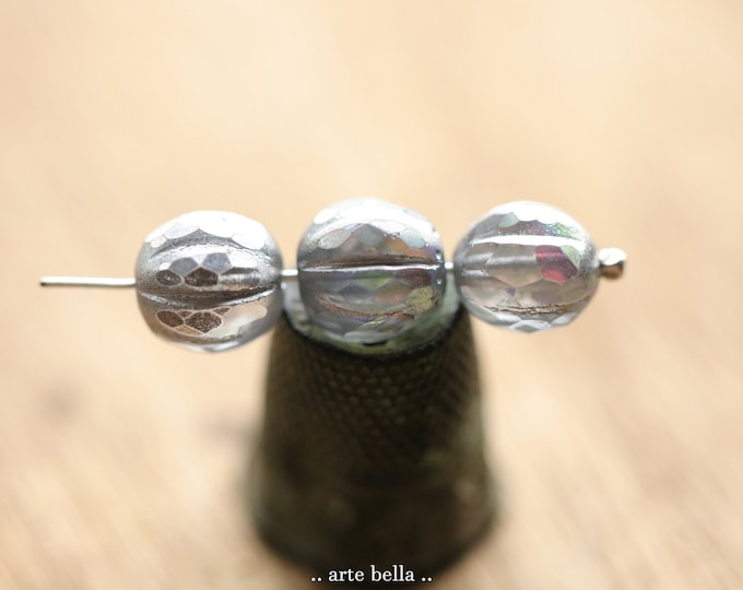 SILVERED RAINBOW GLITZ .. 12 Premium Czech Glass Faceted Melon Beads 10mm (9521-12) .. jewelry supplies