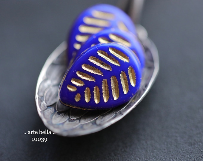 premium glass beads .. GOLDEN INDIGO LEAVES .. 8 Czech Glass Dogwood Leaf Beads 12x16mm (10039-8) .. jewelry supplies