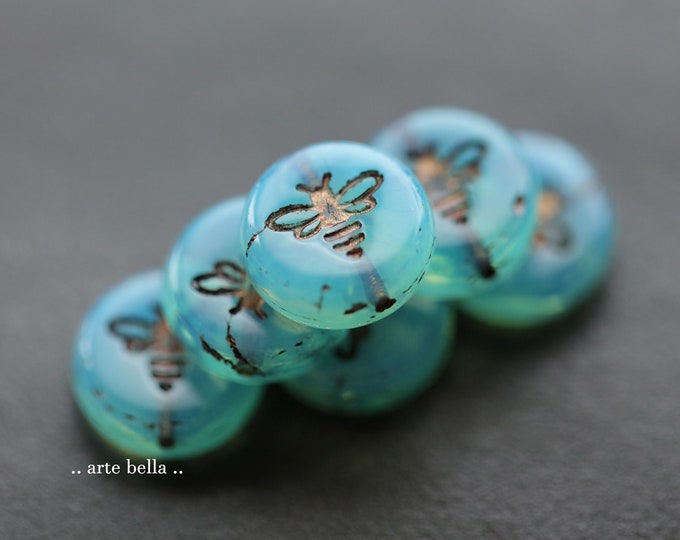 BRONZED LAGOON BIZZY B .. 6 Premium Czech Glass Bee Coin Beads 12mm (9934-6)