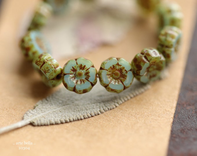 EARTHY AQUA PANSY 7mm .. New 12 Premium Picasso Czech Glass Hibiscus Flower Beads (10304-st)