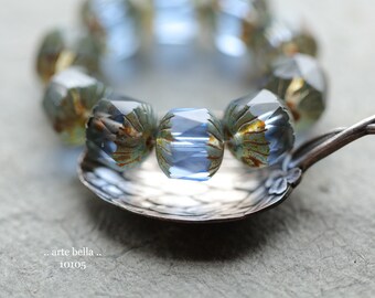 EARTHY SAPPHIRE CHUBS .. 10 Premium Picasso Czech Glass Faceted Cruller Beads 10x10mm (10105-st)