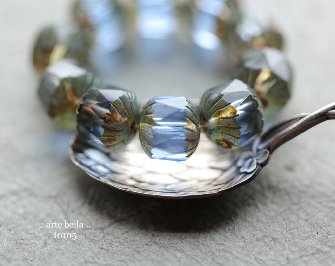 EARTHY SAPPHIRE CHUBS .. 10 Premium Picasso Czech Glass Faceted Cruller Beads 10x10mm (10105-st) .. jewelry supplies