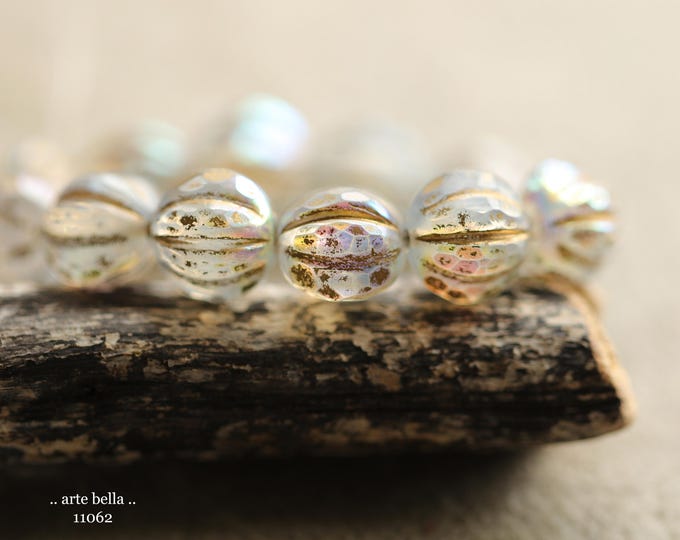 GOLDEN MOON GLITZ No. 2 .. New 12 Premium Czech Glass Faceted Melon Beads 10mm (11062-st) .. jewelry supplies