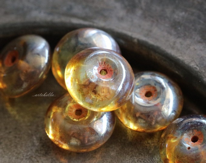 last ones .. SILVERED WHISPER SAUCERS .. 6 Picasso Czech Glass Golden Yellow Saucer Beads 7x12mm (5355-6) .. jewelry supplies