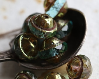 BRONZED AQUA BLISS .. 15 Premium Luster Picasso Czech Glass Saturn Beads 8x10mm (5446-st) .. jewelry supplies