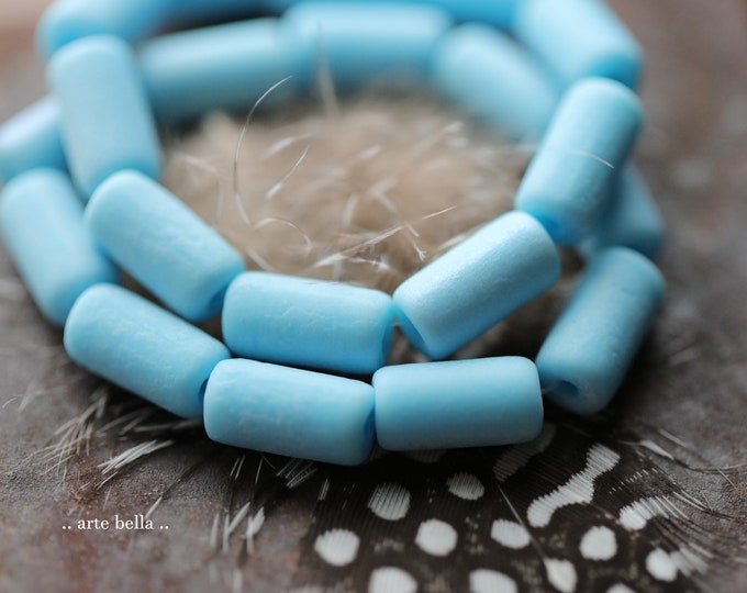 SKY BLUE TUBES .. 10 Premium Etched Czech Glass Tube Beads 14x7mm (9854-st) .. jewelry supplies