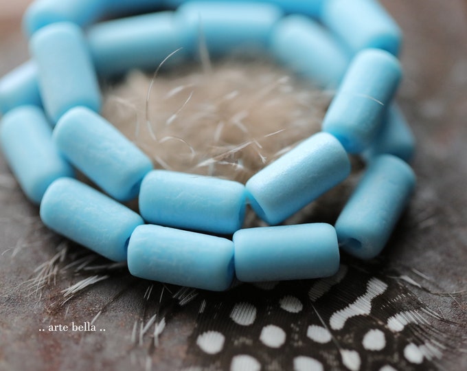 SKY BLUE TUBES .. 10 Premium Etched Czech Glass Tube Beads 14x7mm (9854-st)