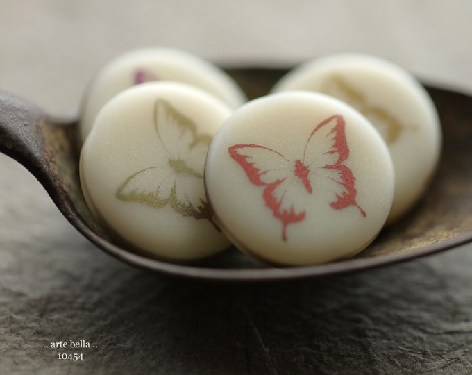 IVORY BUTTERFLY COINS No. 1 .. 4 Premium Matte Czech Glass Laser Etched Butterfly Coin Bead Mix 17mm (10454-4) .. jewelry supplies