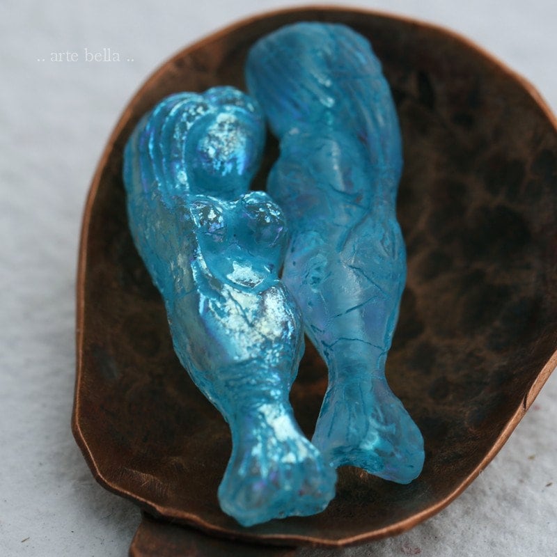 MATTE MALIBU MERMAID .. 2 Premium Etched Czech Glass Mermaid Beads 5x25mm  7889-2 