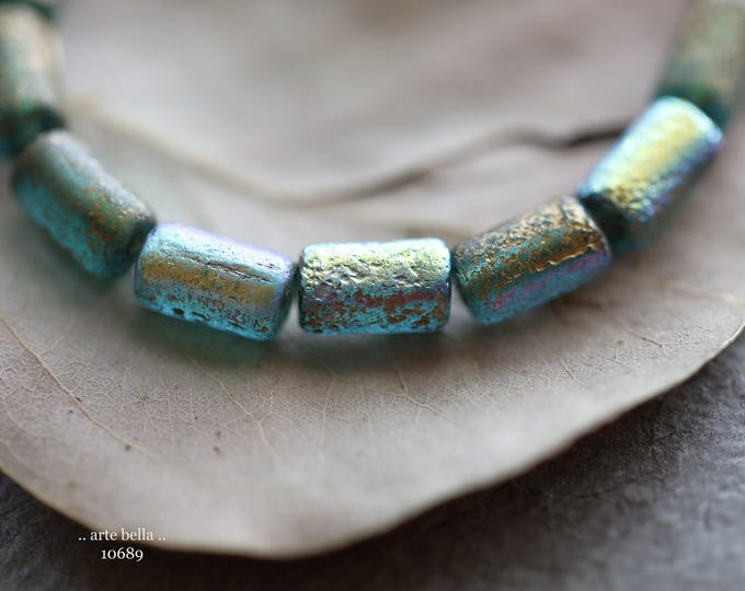 GOLDEN MYSTIC SKY Bebe Tubes .. 16 Premium Czech Etched Glass Tube Beads 9x5mm (10689-st) .. jewelry supplies