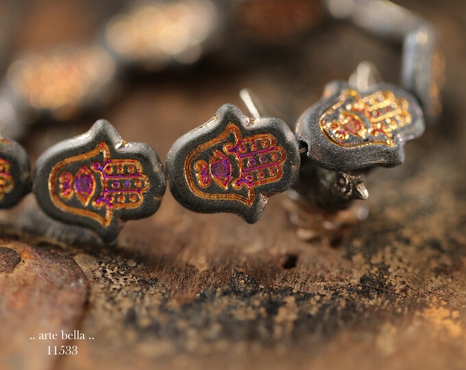 New .. MYSTIC BLACK HAMSA Hand .. 10 Matte Czech Glass Hamsa Beads 15x10mm (11533-st) .. jewelry supplies