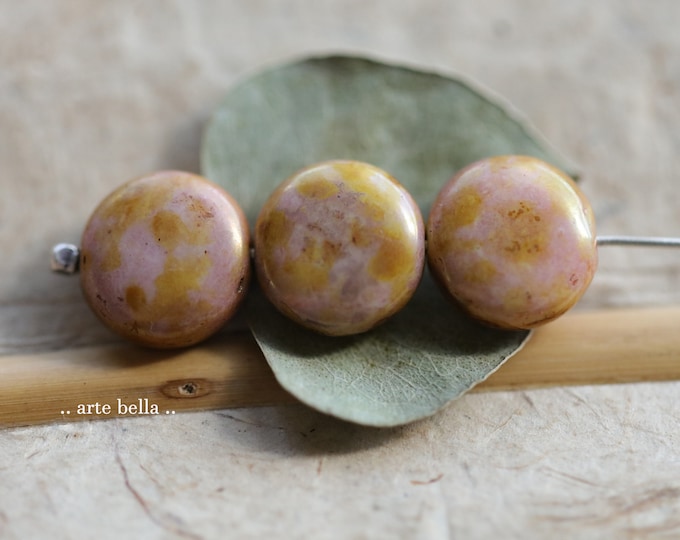 last ones .. GOLDEN PINK COINS .. 10 Premium Picasso Czech Glass Lentil Coin Beads 11mm (9724-10) .. jewelry supplies