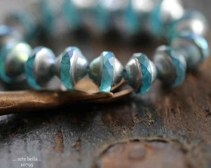 Silvered MYSTIC AQUA BLISS .. New 15 Premium Matte Czech Glass Saturn Beads 8x10mm (10795-st) .. jewelry supplies