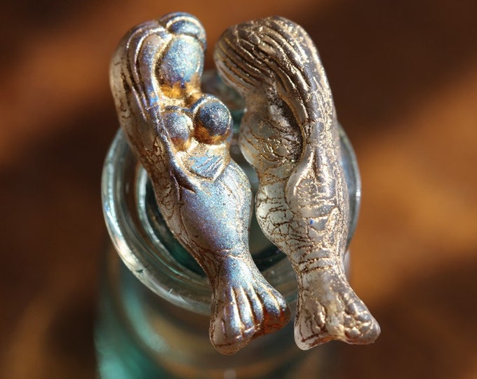 back in stock .. MYSTIC GOLD MERMAID No. 1 .. 2 Premium Czech Glass Mermaid Goddess Beads 5x25mm (7852-2) .. jewelry supplies