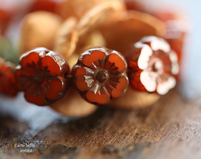 EARTHY PERSIMMON PANSY .. 12 Premium Picasso Czech Glass Hibiscus Flower Beads 10mm (10682-st) .. jewelry supplies