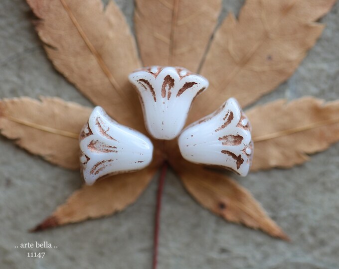 premium glass beads .. BRONZE WHITE LILIES .. New 10 Czech Glass Lily Flower Beads 9x10mm (11147-10) .. jewelry supplies